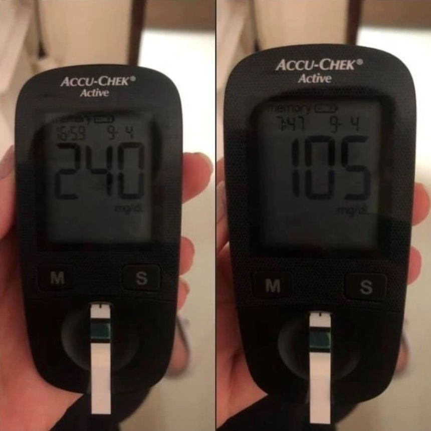 Resultado no Glicosímetro Accu-Chek: de 240 para 105 mg/dL